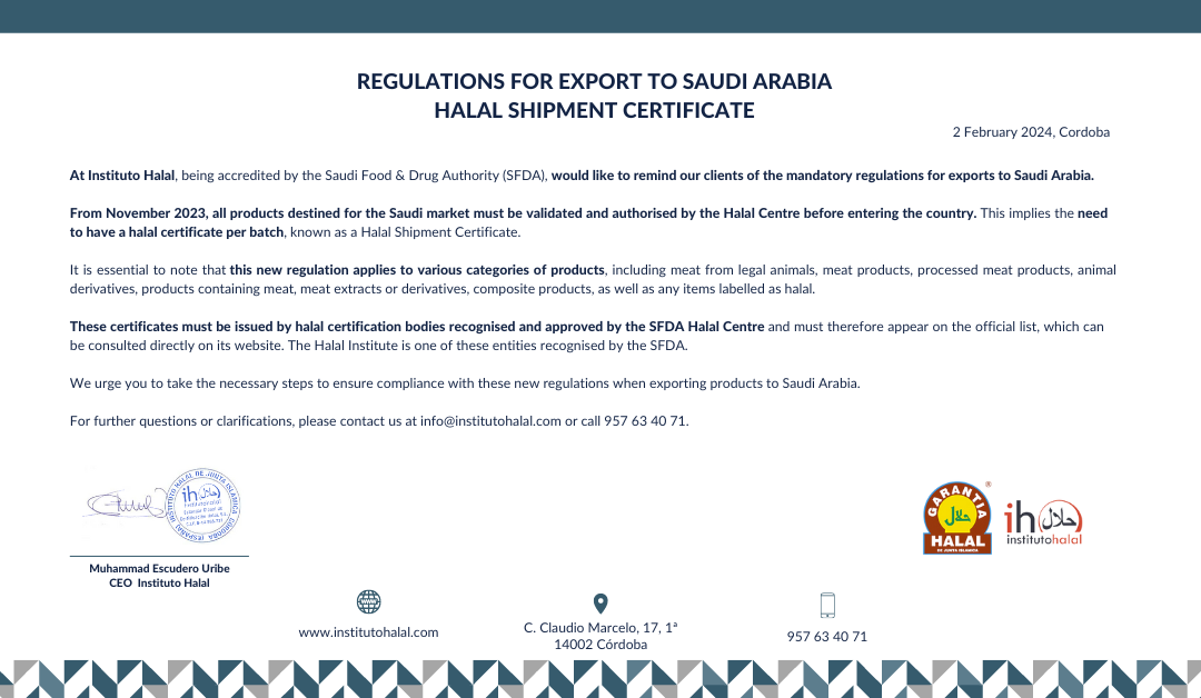 REGULATIONS FOR EXPORT TO SAUDI ARABIA HALAL SHIPMENT CERTIFICATE
